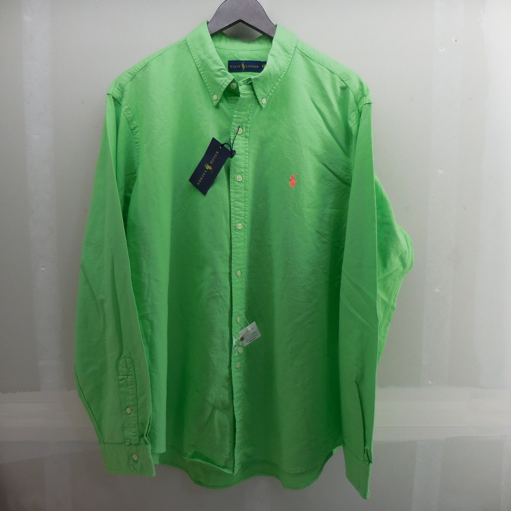 Ralph Lauren Mens XXL Green Cotton Long Sleeve Button Down Shirt Orange Pony NWT
